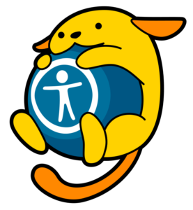 Cute little yellow Waapu mascot holding a blue ball with an accessibility icon